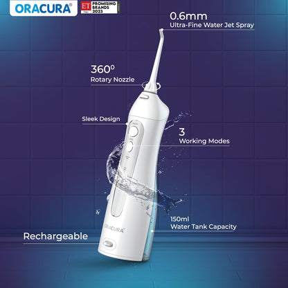 ORACURA OC150 Dental PRO Smart Water Flosser Black, 150ml water tank capacity, Portable & Rechargeable, 3 Modes, 365 Days Warranty