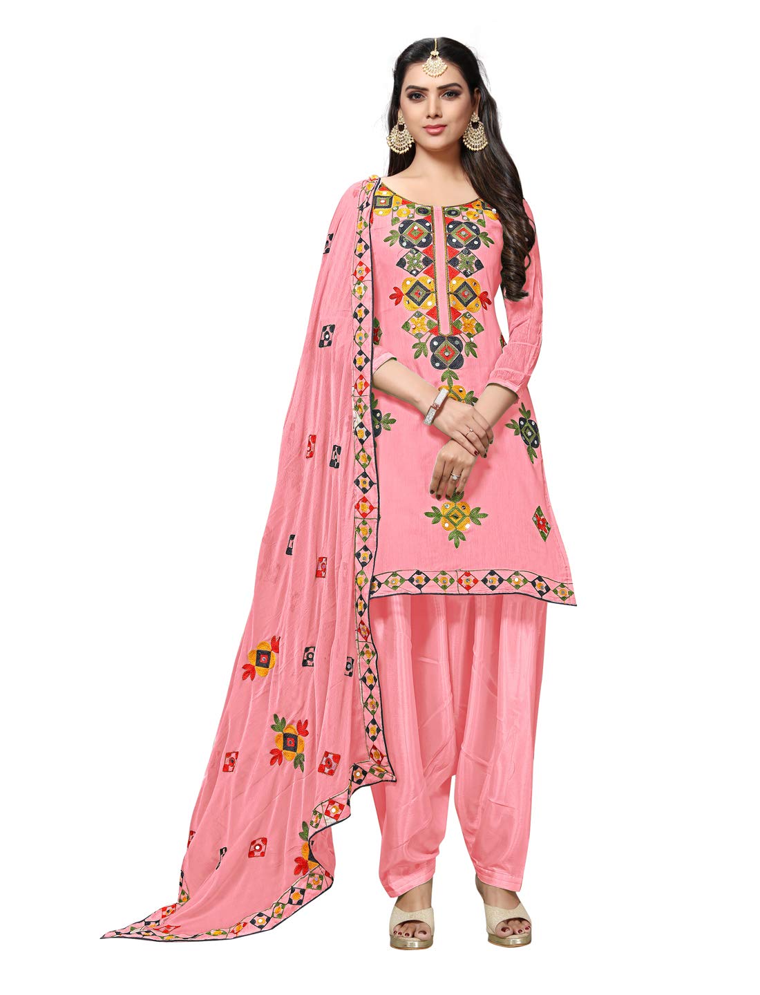 EthnicJunction Women's Chanderi Cotton Embroidered And Mirror Work Unstitched Salwar Suit Material