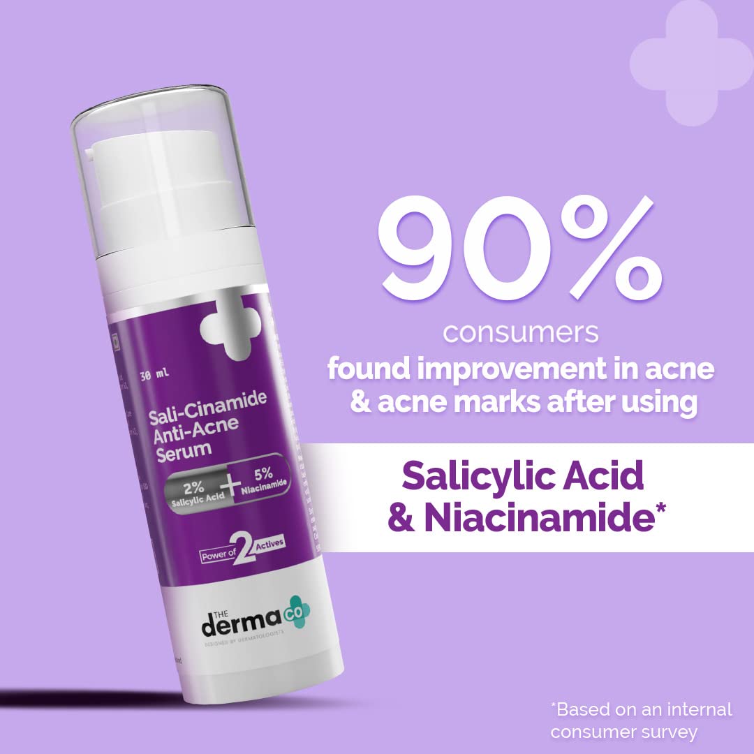 The Derma Co Sali-Cinamide Anti-Acne Face Serum I 2% Salicylic Acid & 5% Niacinamide I Fights Active Acne & Treats Acne Marks I Serum For Acne Prone & Oily Skin I Power Of 2 Actives - 30ml