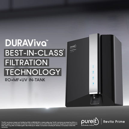 HUL Pureit Revito Prime RO+MF+Mineral+UV in-Tank | INR 1000 Off on Exchange | 7 stage | 8L Capacity | Upto 70% Water Savings | Suitable for Borewell, Tanker & Municipal Water | DURAViva | Black