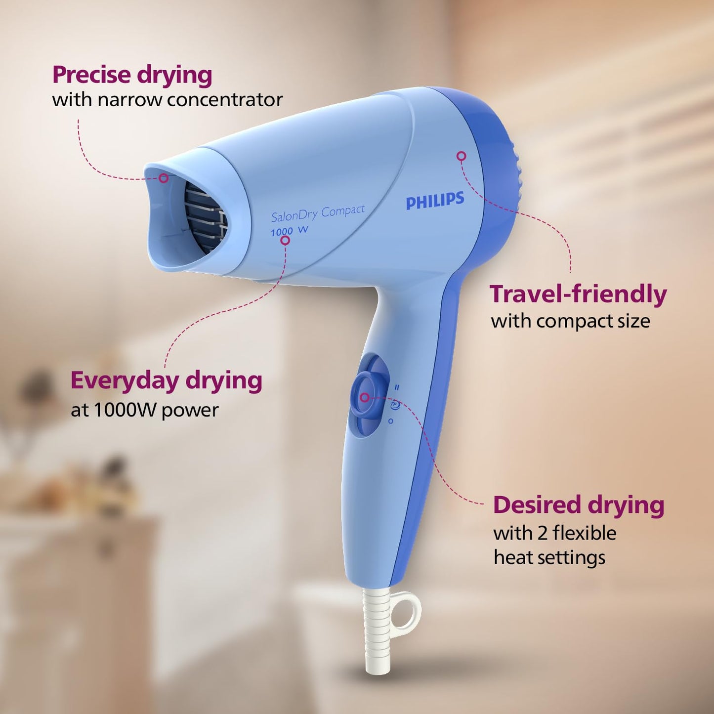 Philips HP8100/60 Compact Hair Dryer| 2 Flexible heat setting| ThermoProtect prevents overhearting | 1000 Watts- Blue