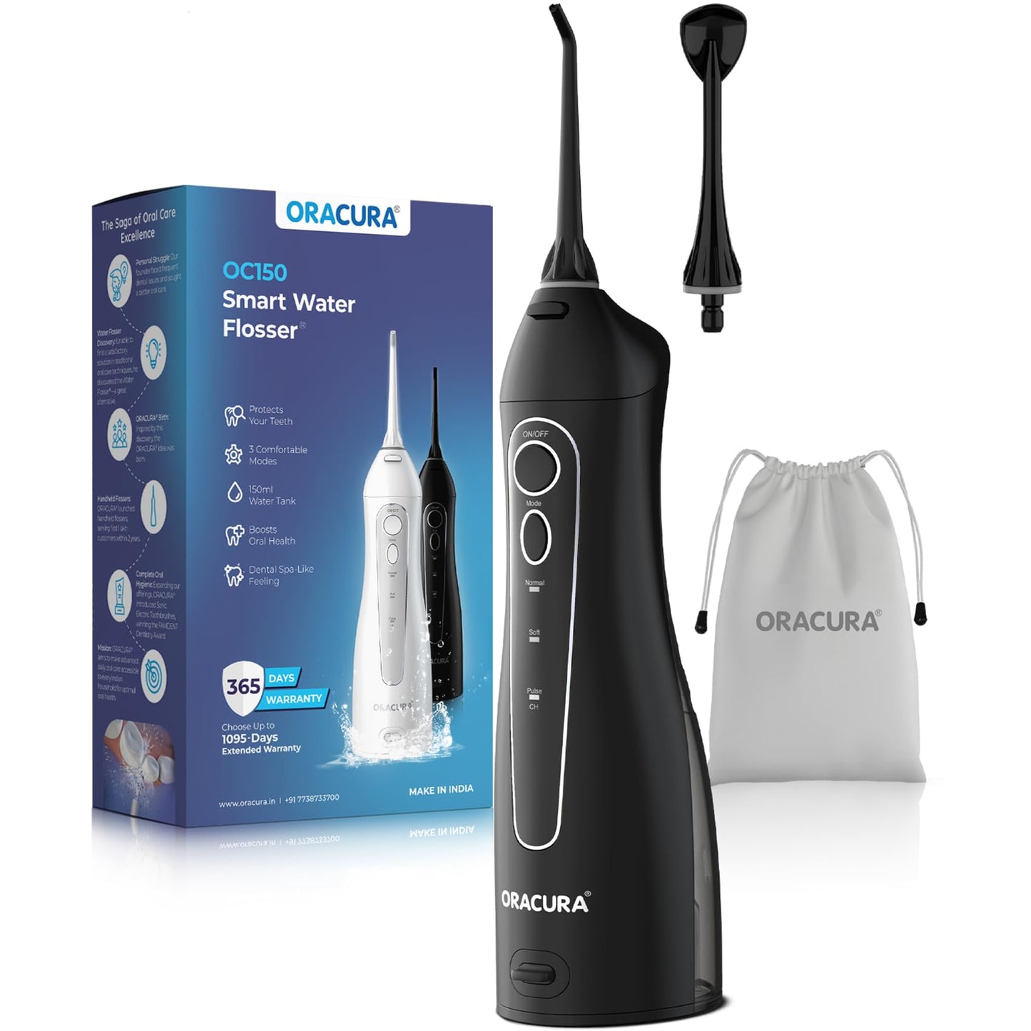 ORACURA OC150 Dental PRO Smart Water Flosser Black, 150ml water tank capacity, Portable & Rechargeable, 3 Modes, 365 Days Warranty