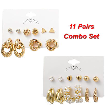 Shining Diva Fashion 11 Pairs Combo Set Celebrity Inspired Latest Trendy Stylish Gold Plated Geometric Twist Pearl Hoop Dangle Earrings for Women and Girls