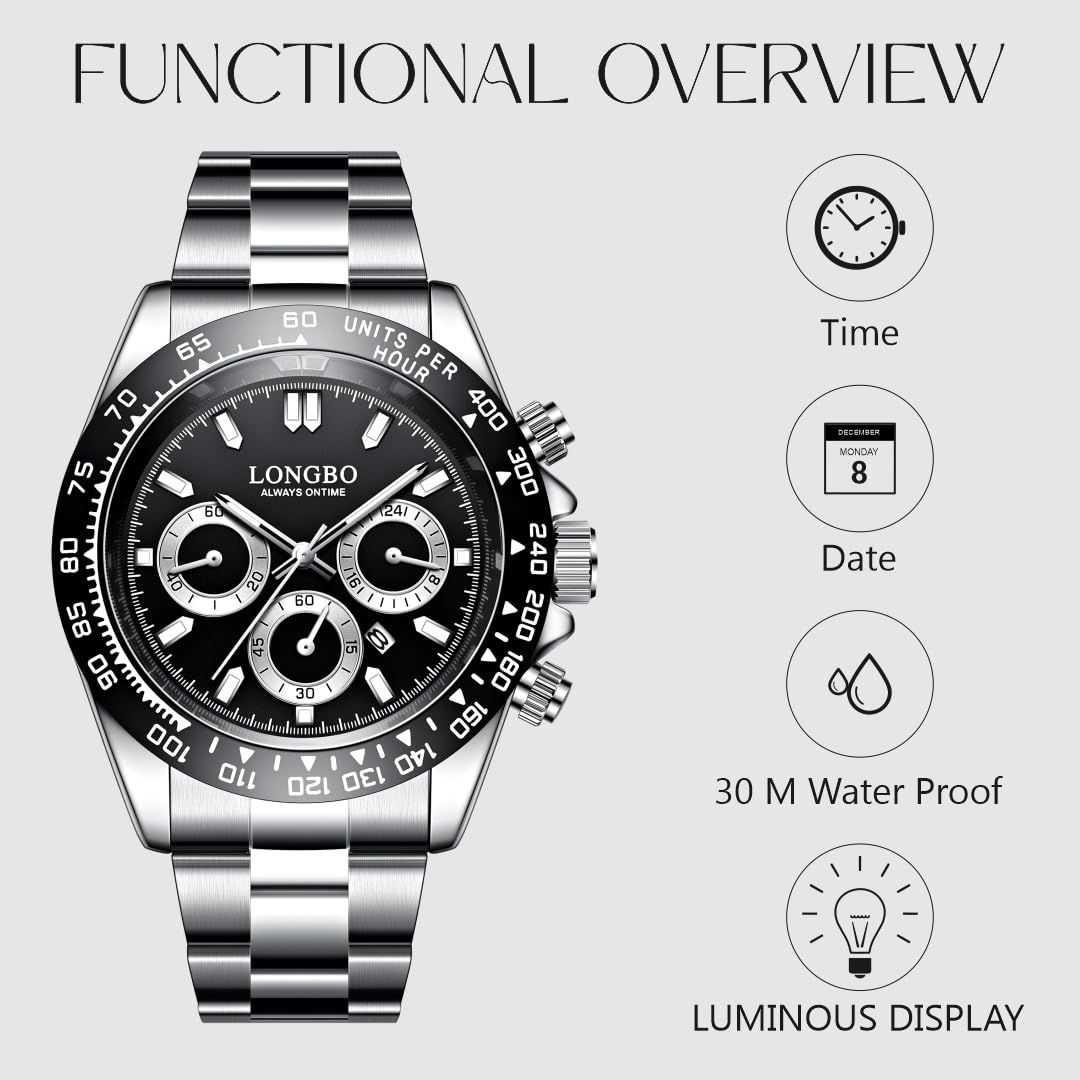 LONGBO Analog Business Casual Stainless Steel Decorative Subdials Watch for Men