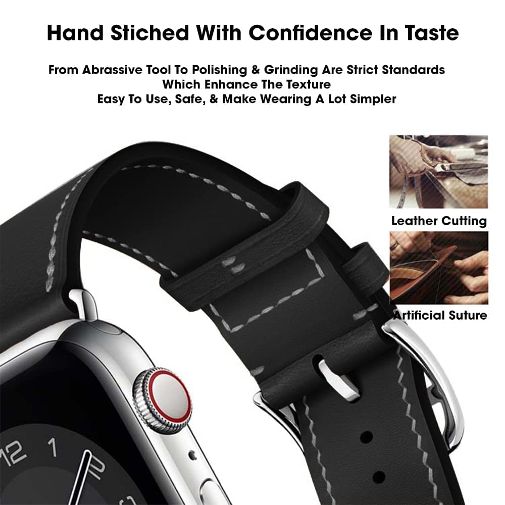 Sounce Compatible for Watch Band 38mm 40mm 41mm Adjustable Genuine PU Leather Wristband Loop for Watch Series 7/6 / 5/4 / 3/2 / SE Bands Men Women Black (Watch is not Included)