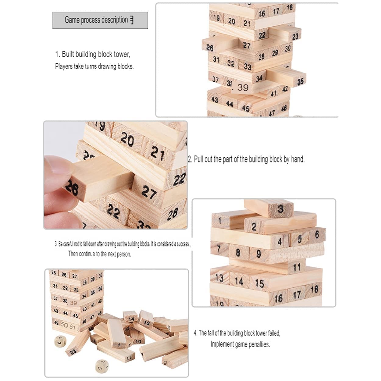 PRIME DEALS Wooden Blocks 51 Pcs 4 Dice Building Blocks Game Challenging Wooden Tumbling Tower, Wooden Stacking Toys with Dices Board Educational Puzzle Game for Adults and Kids (Wooden)