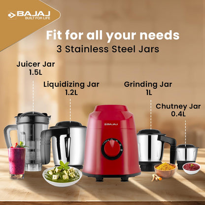 Bajaj Rex Mixer Grinder 500W|Mixie For Kitchen With Nutri-Pro Features|3 SS Mixer Jars For Heavy Duty Grinding|Adjustable Speed Control|Multifunctional Blade System|2 Year Warranty By Bajaj|Purple