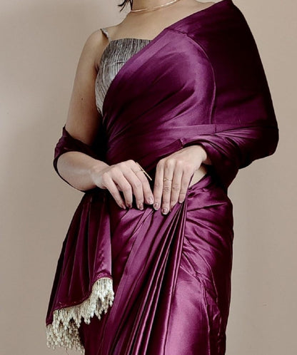 SATAZ Women's Ready to Wear Satin Silk 1 Minute Pre Pleated Heavy Saree with Designer Pearl Tassels Lace (Wine)