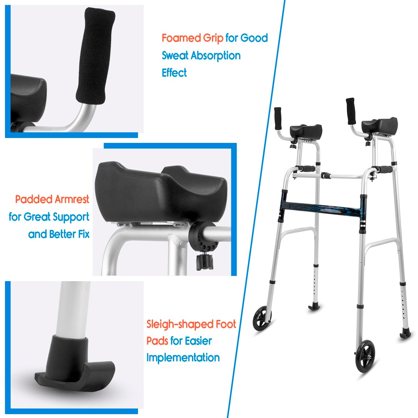 KosmoCare Upright Walker with 5" Castors| Height Adjustable Walker with Forearms |Folding walker for Elderly| Walking Aid| Walkers for Adults| Forearm Walker