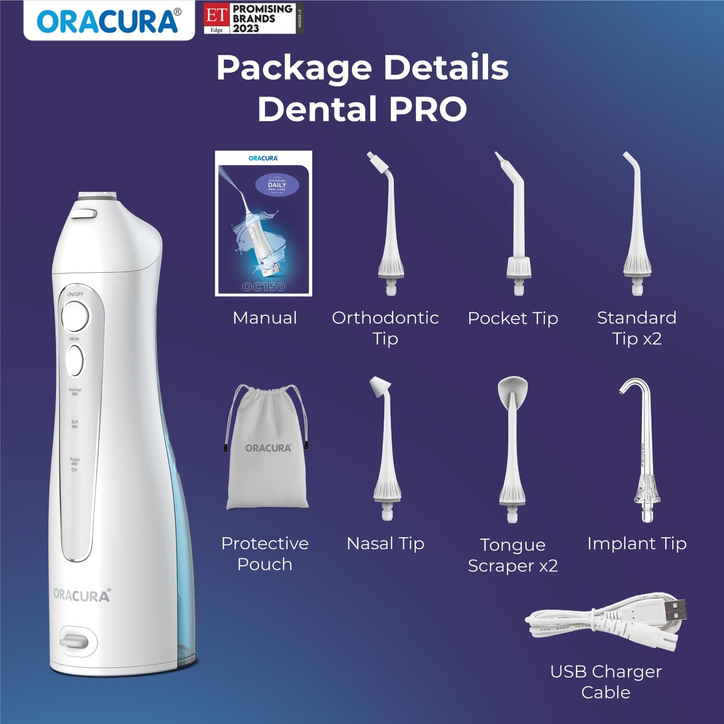 ORACURA OC150 Dental PRO Smart Water Flosser Black, 150ml water tank capacity, Portable & Rechargeable, 3 Modes, 365 Days Warranty