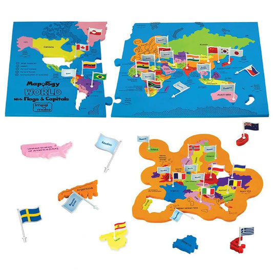 Imagimake Mapology World Flags & Capitals Jigsaw Puzzle |75 Multi-Colored Country-Shaped Pieces | Birthday Gift for Boys and Girls| World Map Puzzle | Educational Toys for Kids 5,6,7,8,9,10