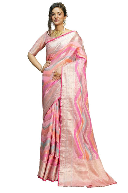 SGF11 Women's Organza Kanjivaram Pure Soft Silk Handloom Saree Pure Golden Zari With Blouse Piece