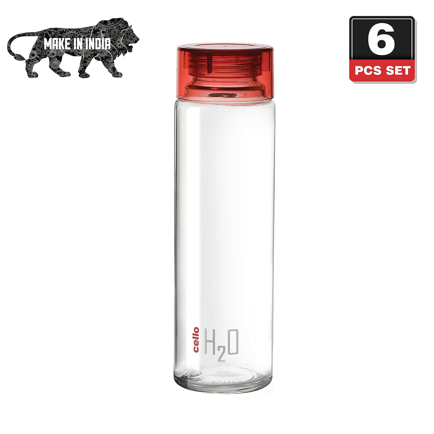 Cello H2O Glass Fridge Water Bottle with Plastic Cap | Leak Proof & Break-Proof | Wide Mouth & Easy to Clean | Best Usage for Office/School/College | 920ml | Red