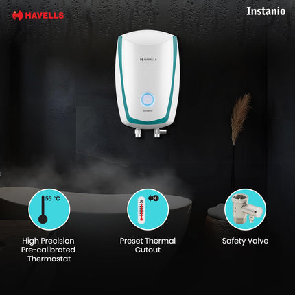 Havells Instanio 3L Instant Water Heater(Geyser)| Temp. Sensing LED Indicator| Rust & Shock Proof Body| ISI Marked|With Flexible Pipes|Warranty: 5 year on Inner Tank| High Rise Compatible (White Blue) 