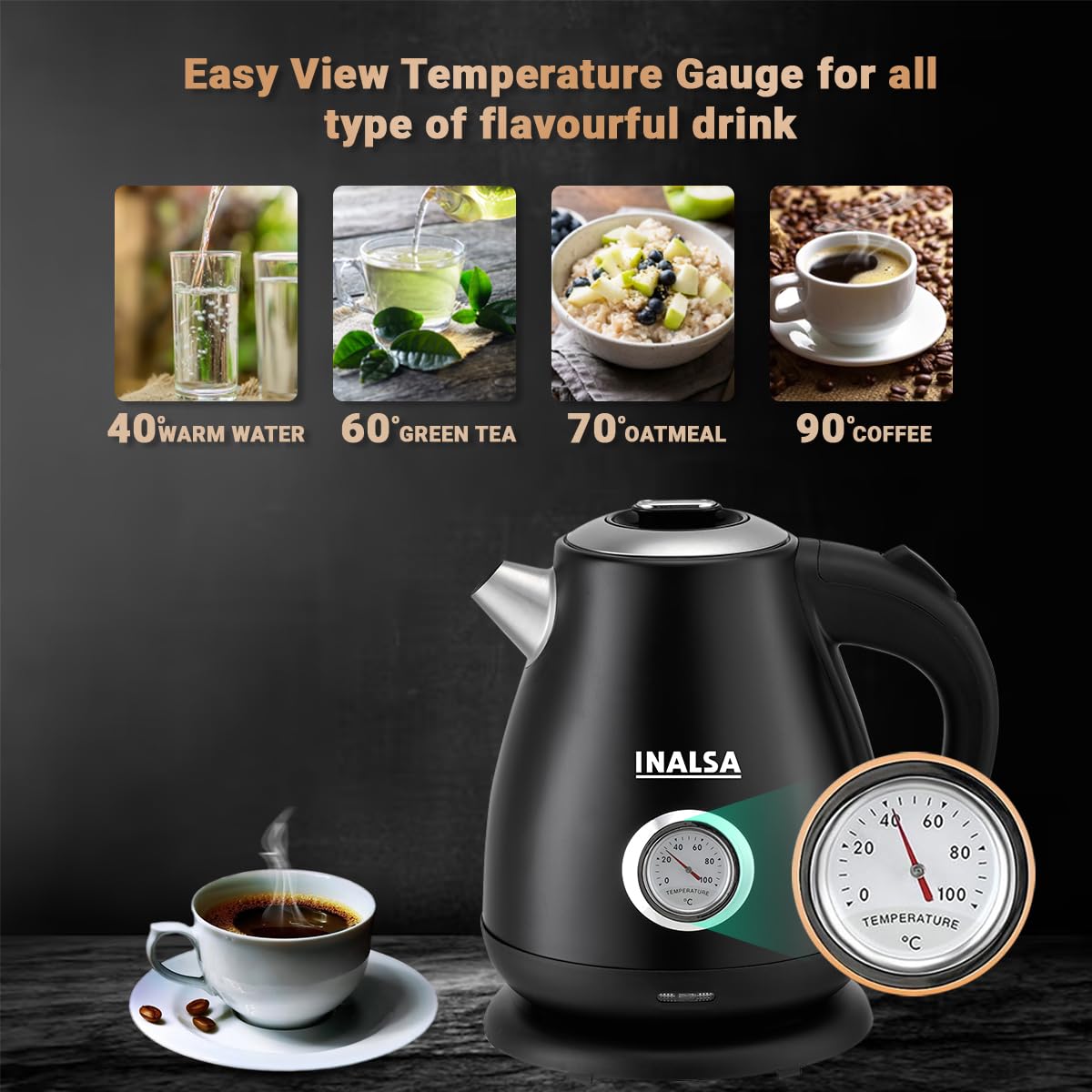 INALSA Premium English Finish Electric kettle|Analogue Temperature Display|2 Yr Warranty|Non Toxic SS Inner Body|Detachable Mesh Filter with Safety Cap (Callisto)