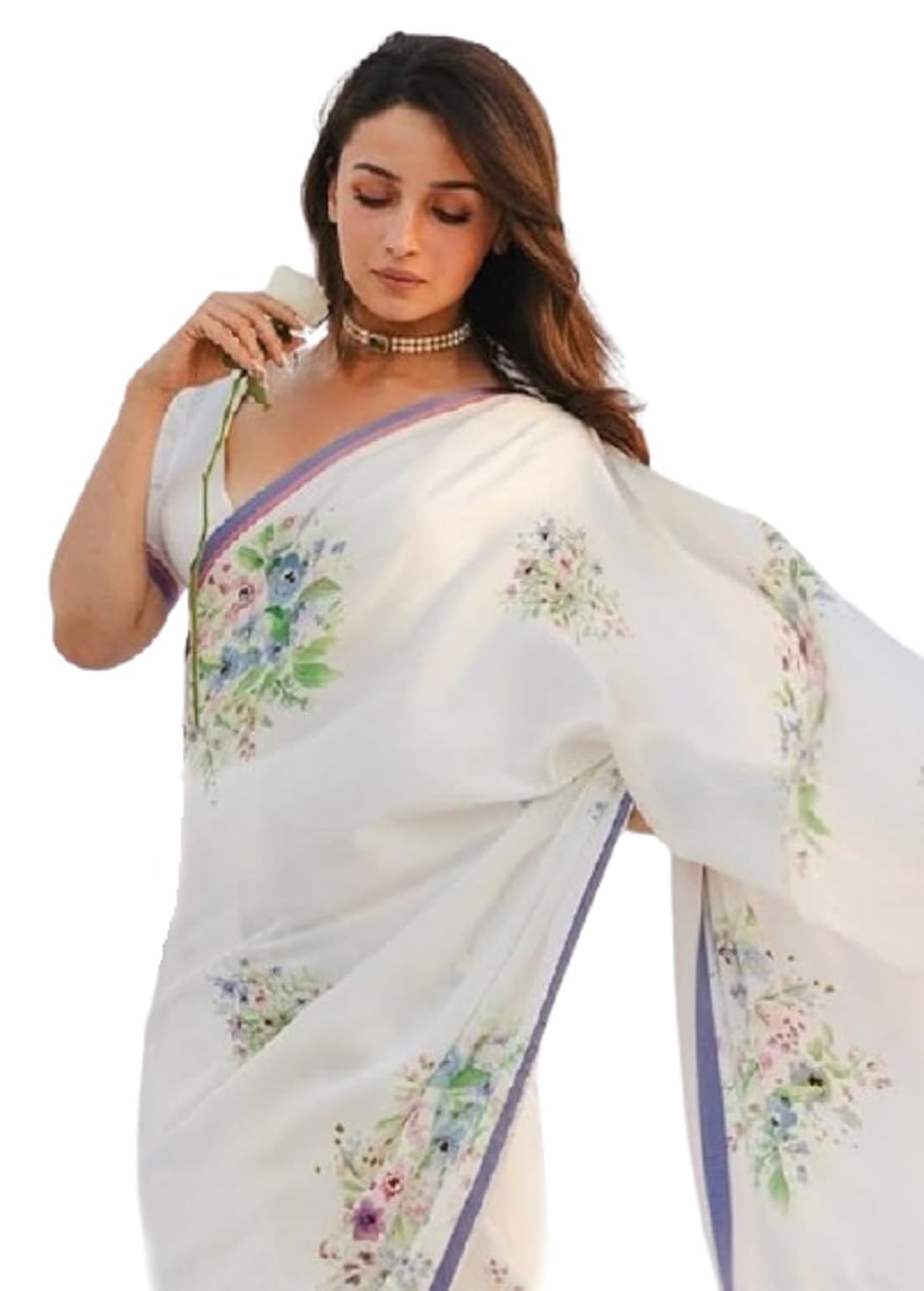 SATAZ Women's Ready to Wear White Floral Satin Silk One Minute Readymade Alia Bhatt Saree With Unstitched Blouse