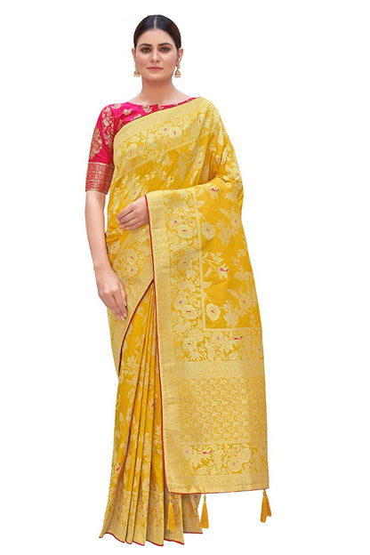 Monjolika Fashion Women's Banarasi Silk Blend Woven Zari With Tussles Saree and Jacquard Woven Blouse Piece (37765 color)