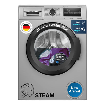 Bosch 8 kg 5 Star Fully-Automatic Front Loading Washing Machine (WAJ2826BIN, Shiny Silver, AI active water plus, In-Built Heater) 