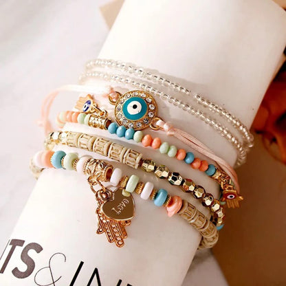 Shining Diva Fashion Bohemian Stackable Multilayer Hamsa Hand Evil Eye Lucky Protection Bracelets Multicolor Crystal Charm Beaded Bracelet for Women Girls