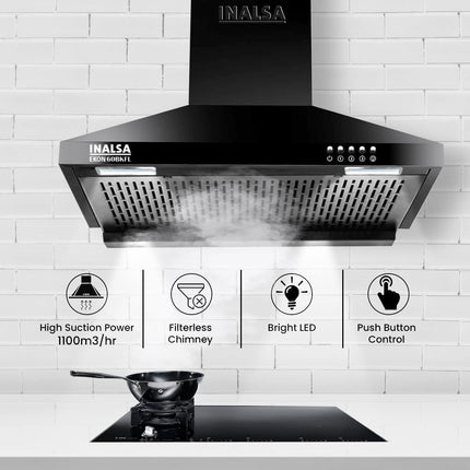 INALSA EKON 60cm 1100 m³/hr Pyramid Kitchen Chimney With Elegant Look|Push Button Control|Efficient Dual LED Lamps & Filterless|5 Year Warranty on Motor (Black)