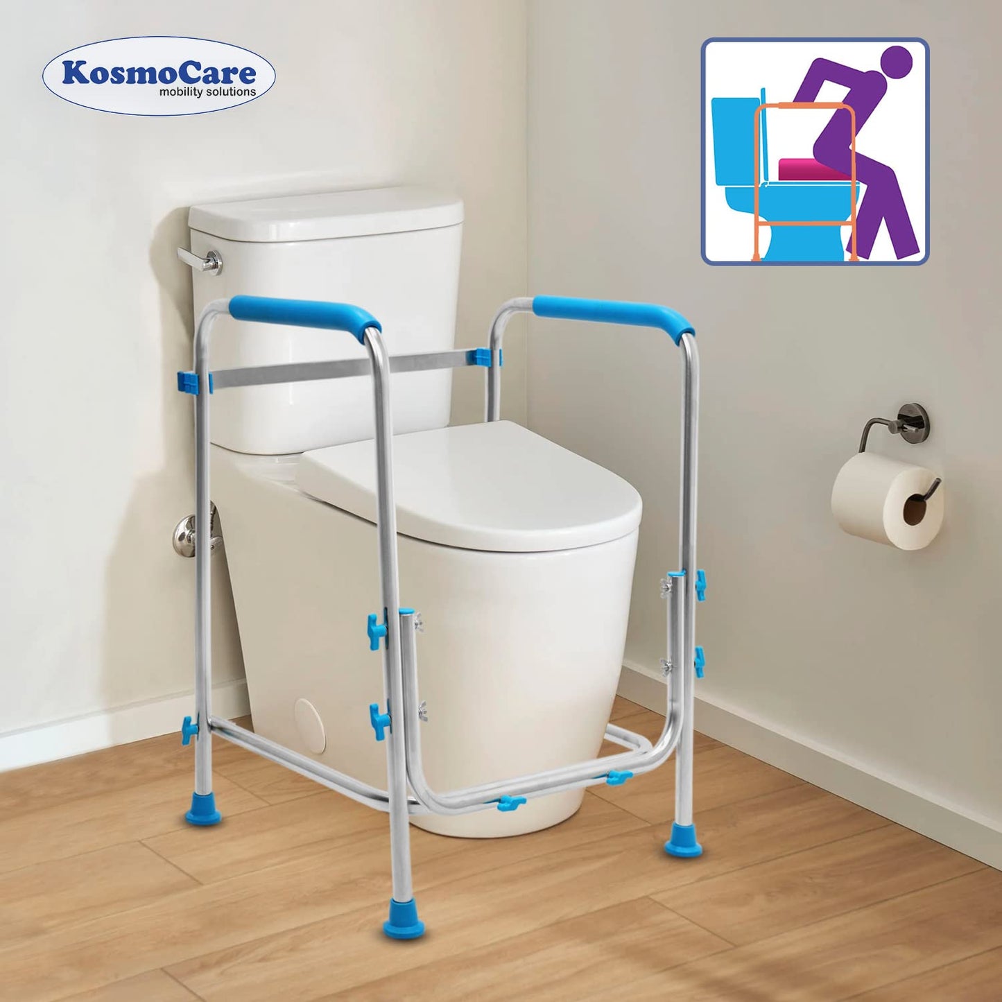 KosmoCare Aluminium Toilet Safety Frame - Medical Railing Helper For Elderly- Assist Handrail Grab Bar - Adjustable Height, Fits Most Toilet Seats,White