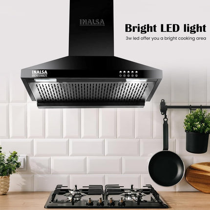 INALSA EKON 60cm 1100 m³/hr Pyramid Kitchen Chimney With Elegant Look|Push Button Control|Efficient Dual LED Lamps & Filterless|5 Year Warranty on Motor (Black)