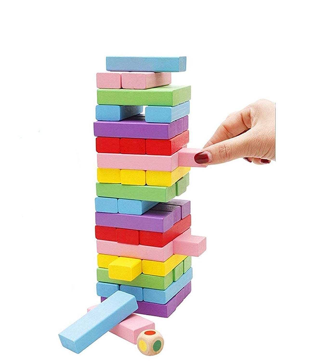 PRIME DEALS Wooden Blocks 51 Pcs 4 Dice Building Blocks Game Challenging Wooden Tumbling Tower, Wooden Stacking Toys with Dices Board Educational Puzzle Game for Adults and Kids (Wooden)