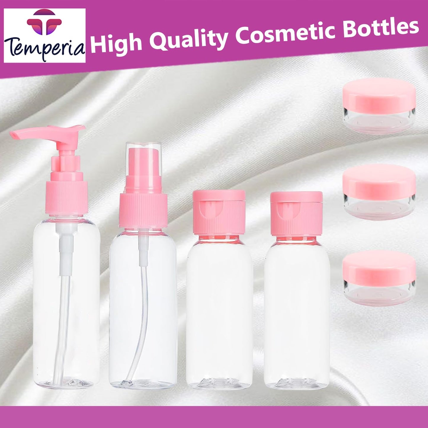 Temperia (7pcs Travel Bottles for Toiletries - Refillable Empty Mini Small Container Travelling Kit Set for Shampoo, Cosmetics & Other Essentials - with Pouch (Random Colours)