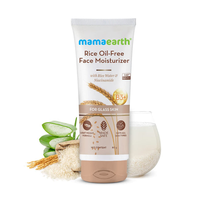 Mamaearth Rice Oil-Free Face Moisturizer for Oily Skin | With Rice Water & Niacinamide for Glass Skin | 24-Hour Hydration | Brightens Skin Tone | 80 g