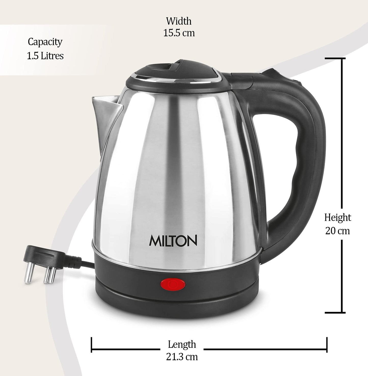 Milton Euroline Go Electro 2.0 Stainless Steel Electric Kettle, 1 Piece, 2 Litre, Silver, Power Indicator, 1500 Watts, Auto Cut-off, Detachable 360 Degree Connector, Boiler for Water, Instant Noodles