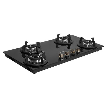 Faber Hob 4 Burner | Auto-Ignition | Spillage Proof | HOB SUPERIA HT764 BR AI | Concealed Chamber | Metal Knobs | Pan Support | Black Glass Finish |5 Yr Warranty on Burner & Glass | 1 Yr comprehensive