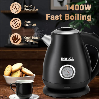 INALSA Premium English Finish Electric kettle|Analogue Temperature Display|2 Yr Warranty|Non Toxic SS Inner Body|Detachable Mesh Filter with Safety Cap (Callisto)