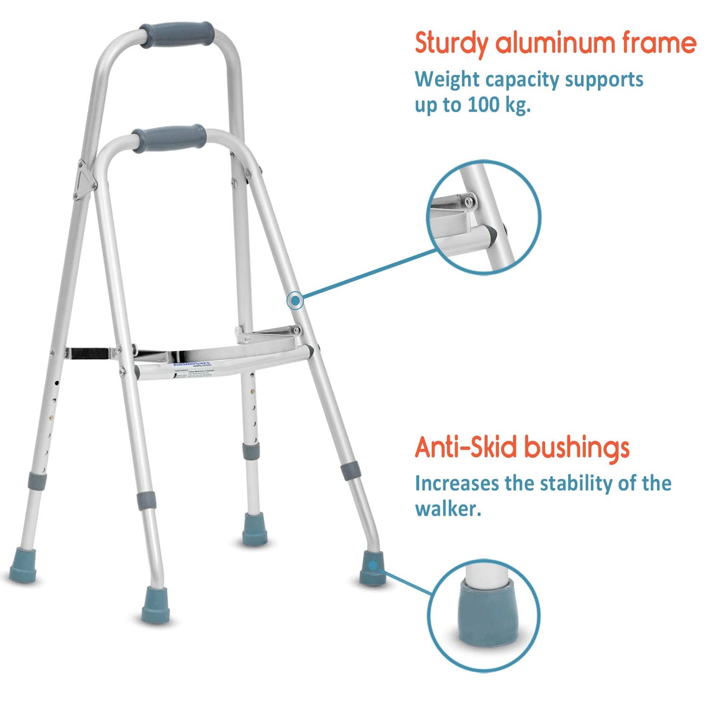 KosmoCare Premium Imported Light Weight Aluminum Height Adjustable Folding Walker 2 - Silver