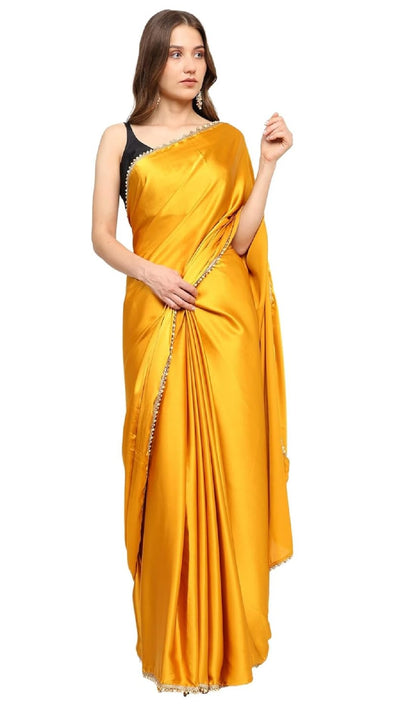 SATAZ Women's Ready to Wear Satin Silk One Minute Readymade Saree With Unstiched Blouse And Waist Belt (Yellow)