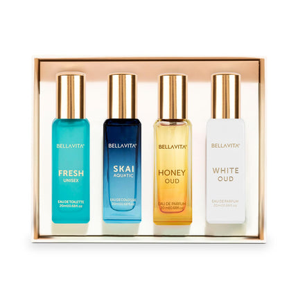 Bella Vita Luxury Unisex Eau De Parfum Gift Set 4 x 20ml for Men & Women with SKAI, FRESH, WHITEOUD, HONEY OUD Perfume|Long Lasting EDP Fragrance Scent