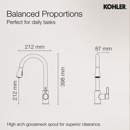 Kohler Atom Pull-Down Kitchen Tap, Mechanical Docking, Dual Spray Mode, 360° Swivel, 10-Year Warranty, Brass Durability (Polished Chrome Finish Kitchen Faucet)