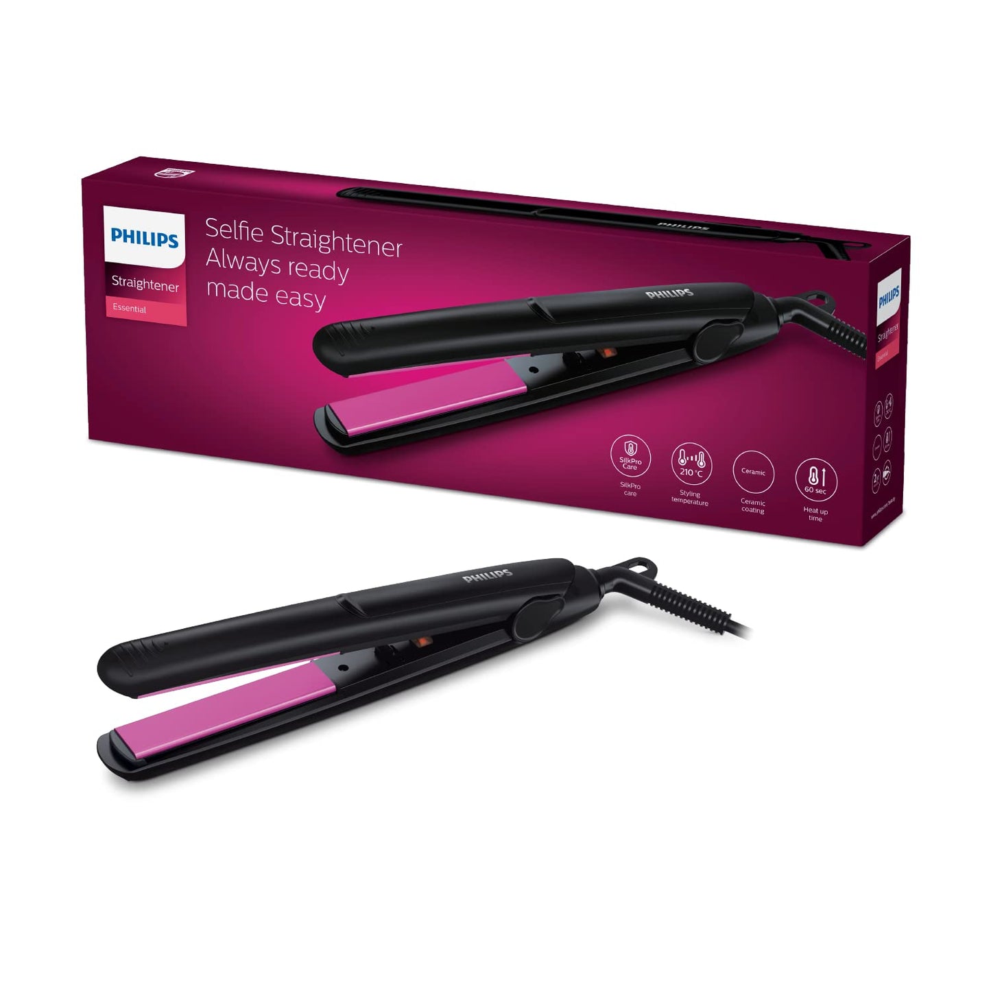 Philips Selfie Hair Straightener I Minimized Heat Damage with SilkPro Care I Ceramic Coated Plates I No.1 Preferred Hair Styling Appliance Brand I HP8302/06