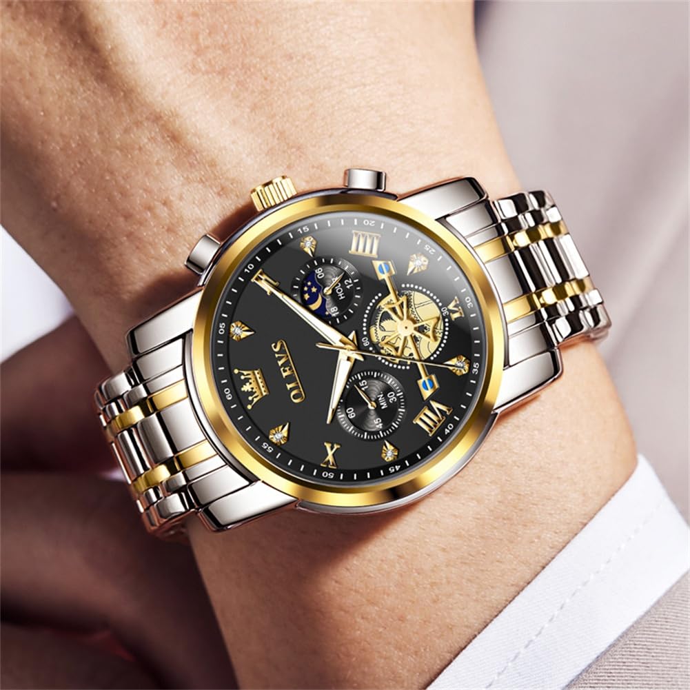 OLEVS Mens Watches Chain Chronograph Business Dress Quartz Stainless Steel Wrist Watch Waterproof Luminous Date