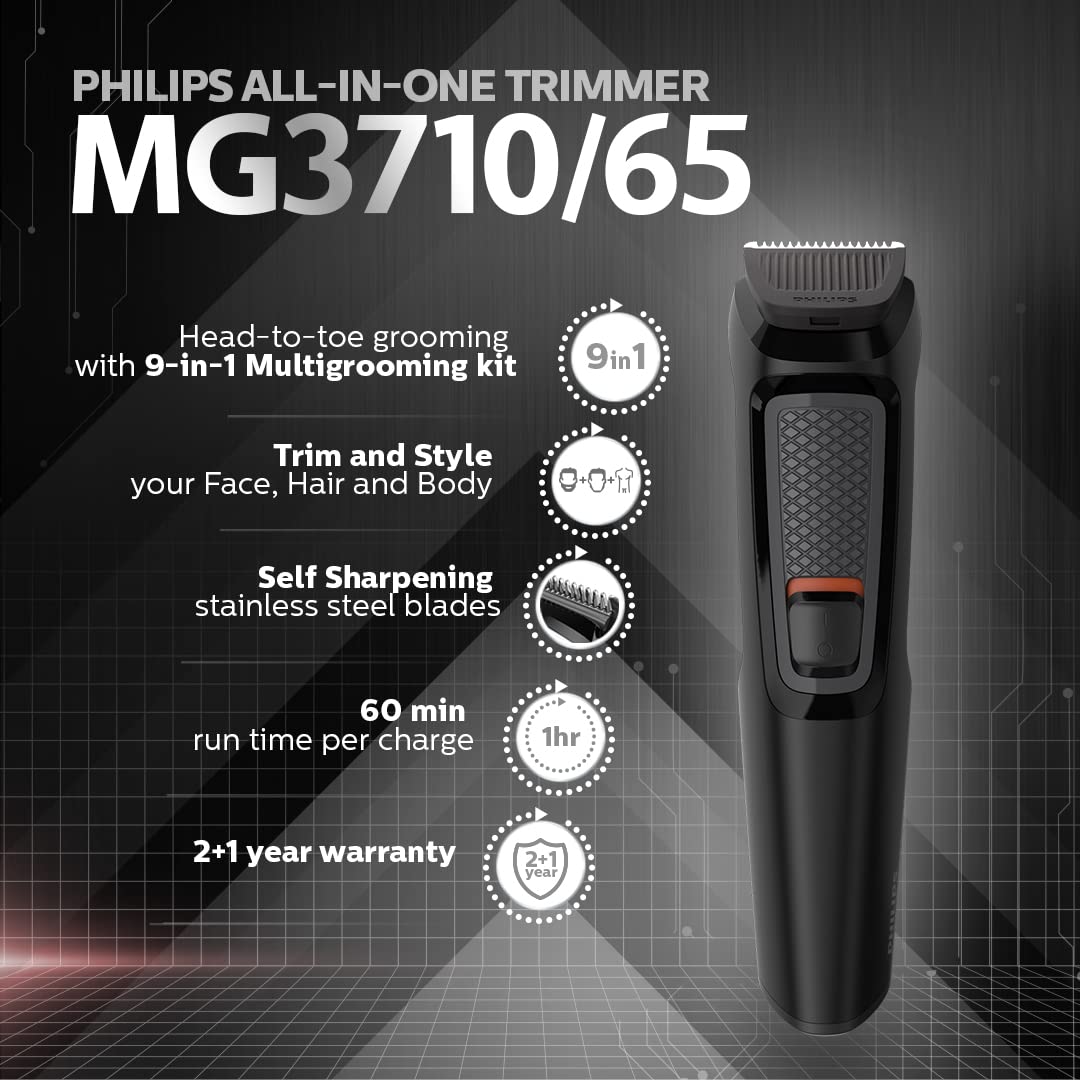 Philips India's No.1 Men's Trimmer | Self Sharpening Blades | Single Stroke Grooming I 9 in1 Face, Nose and Body I 3 year warranty | Powerful motor | No Oil Needed I 60 min runtime I MG3710/65