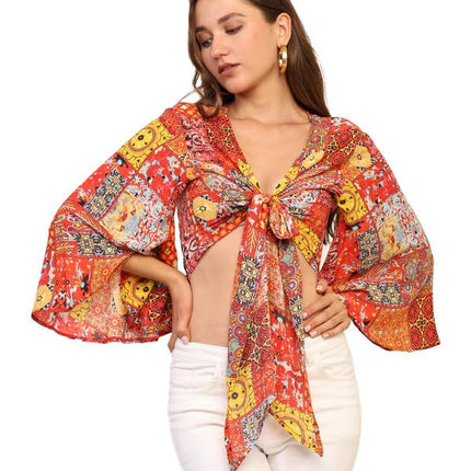 KE Kanha exportsWomen’s and Girls/Ladies Wrap Around Tops Beach wear Tunic Top V Neck Silk Casual Sleeve Printed Top Relaxed Fit Free Size