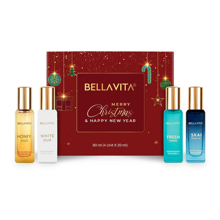 Bella Vita Luxury Unisex Eau De Parfum Gift Set 4 x 20ml for Men & Women with SKAI, FRESH, WHITEOUD, HONEY OUD Perfume|Long Lasting EDP Fragrance Scent