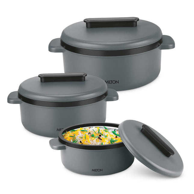 Milton Micronova Jr. Gift Set Inner Stainless Steel Casserole, Set of 3 (380 ml, 775 ml, 1345 ml), Grey, BPA Free, Food Grade, Hot and Cold, Microwaverable Steel, Dishwasher Safe, Chapati, Roti