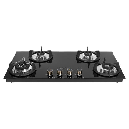 Faber Hob 4 Burner | Auto-Ignition | Spillage Proof | HOB SUPERIA HT764 BR AI | Concealed Chamber | Metal Knobs | Pan Support | Black Glass Finish |5 Yr Warranty on Burner & Glass | 1 Yr comprehensive