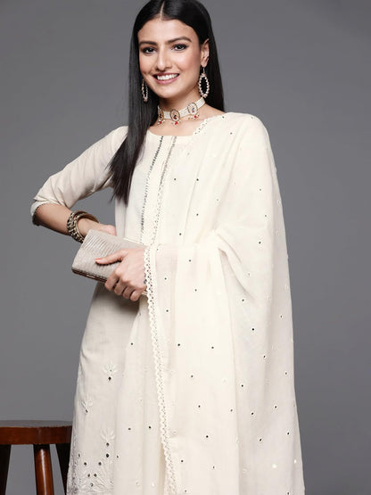 Libas Women Embroidered Cotton Straight Kurta & Palazzo With Dupatta