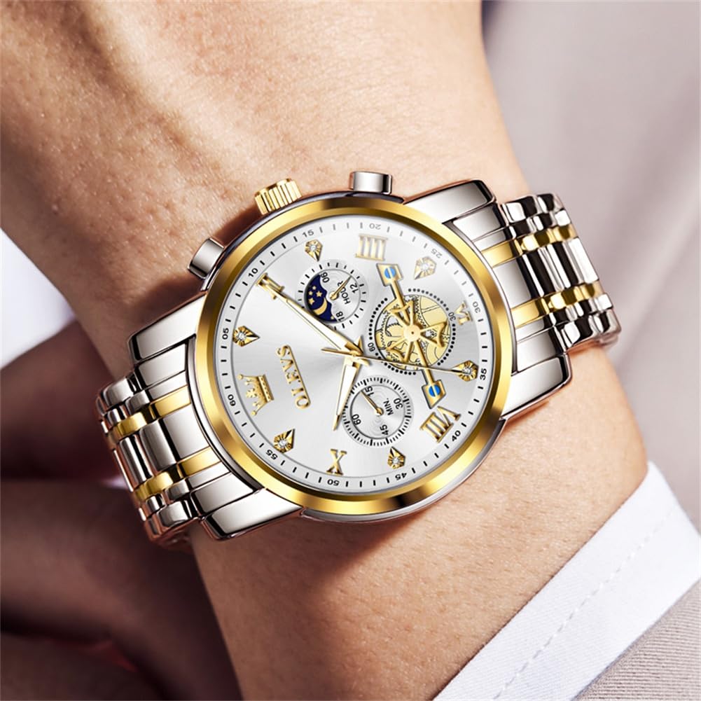 OLEVS Mens Watches Chain Chronograph Business Dress Quartz Stainless Steel Wrist Watch Waterproof Luminous Date