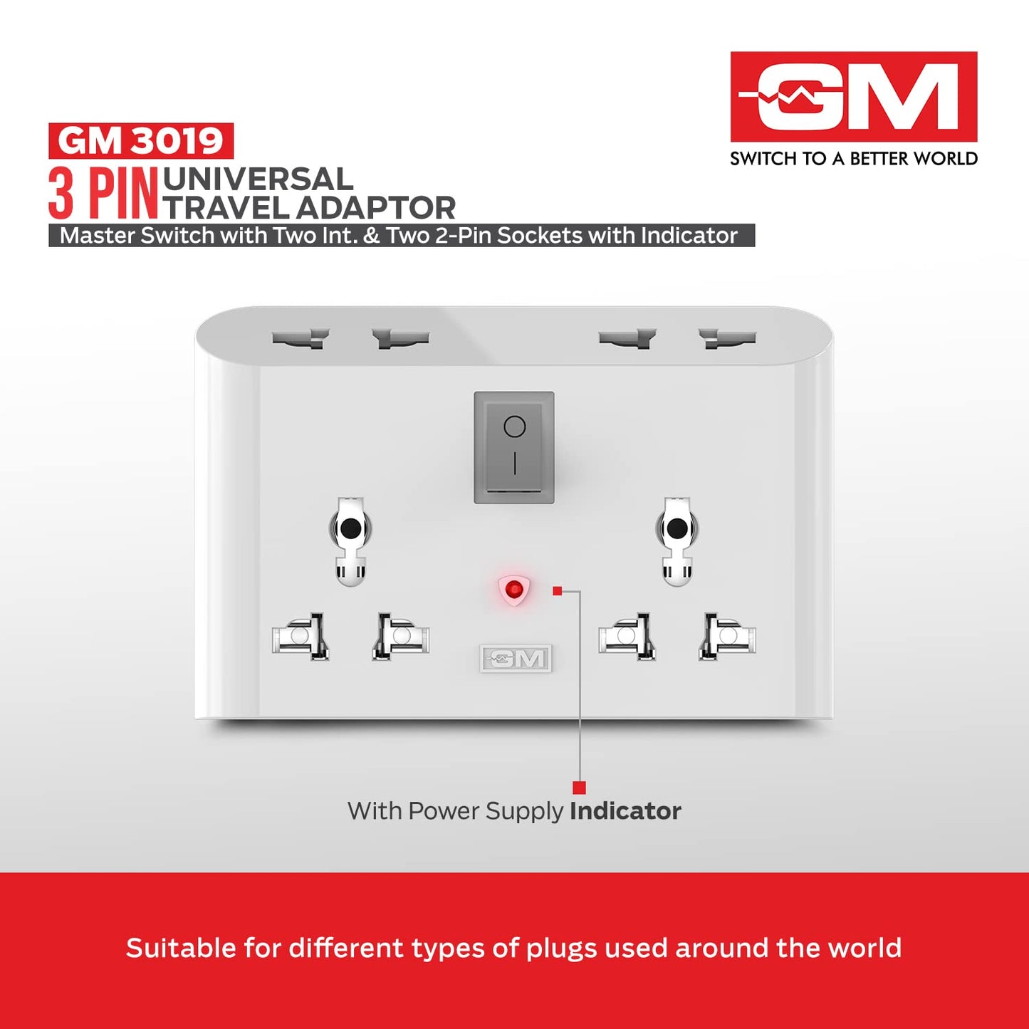 GM 3019 3 Pin Universal Multi Plug Travel Adaptor with 6 AMP for Home applications, Computers, Laptops