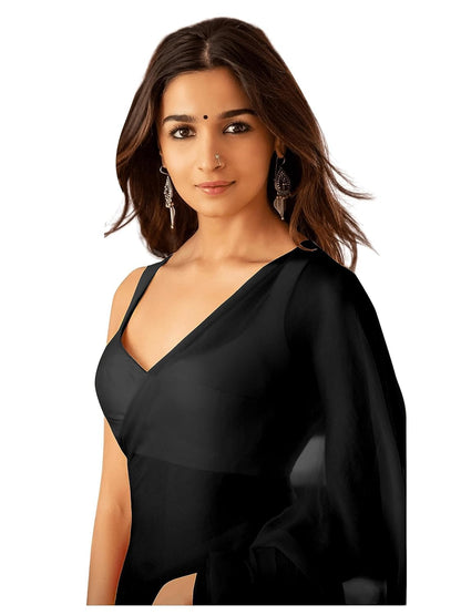 SATAZ Women's Ready to Wear Soft Georgette 1 Minute Pre Pleated Saree (Solid Black)