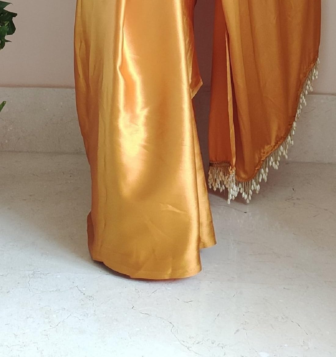 SATAZ Women's Ready to Wear Satin Silk 1 Minute Pre Pleated Yellow Haldi Heavy Saree With Hand Work Lace