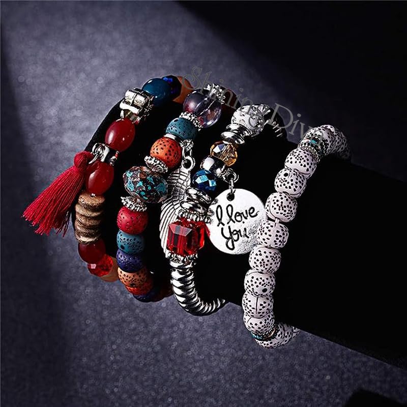 Shining Diva Fashion Bohemian Stackable Multilayer Hamsa Hand Evil Eye Lucky Protection Bracelets Multicolor Crystal Charm Beaded Bracelet for Women Girls