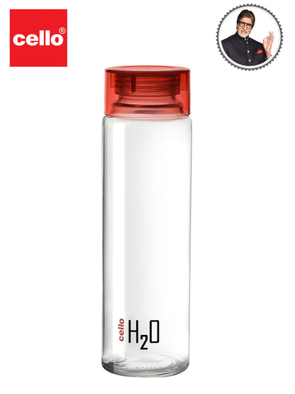 Cello H2O Glass Fridge Water Bottle with Plastic Cap | Leak Proof & Break-Proof | Wide Mouth & Easy to Clean | Best Usage for Office/School/College | 920ml | Red